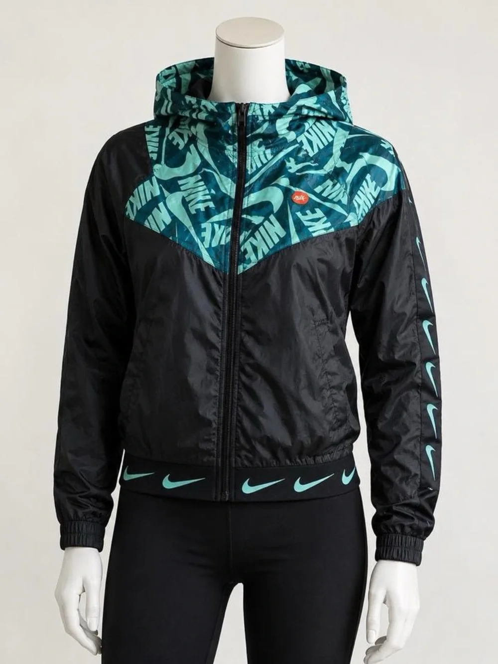 Nike Kids Windbreaker Jacket Youth XL – Black + Teal Mint Logo Print Hooded